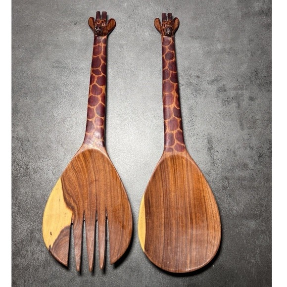 Unbranded Other - Hand Carved Wooden Giraffe Salad Servers Set 2pc Safari Animal Decor 12in